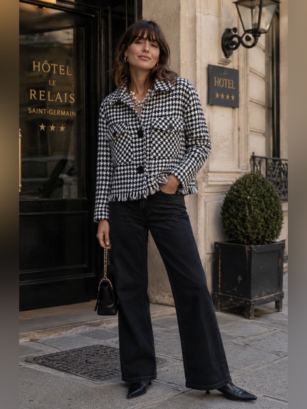 SO Houndstooth Fringe Trim Cropped Jacket Size XL